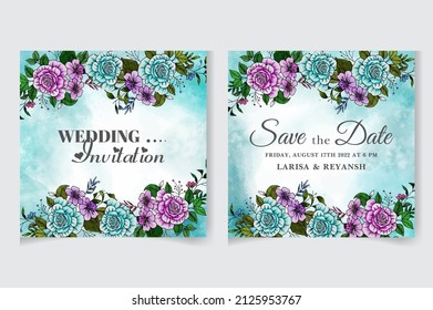 Watercolor floral wedding invitation card template with greenery botanical leaves, flowers, branches, Abstract art background, save the date, greeting card, editable vector hand draw invitation card.