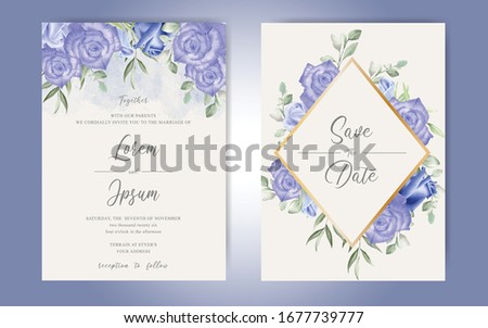 Watercolor Floral Wedding Invitation Cards with Navy Blue Roses and Leaves