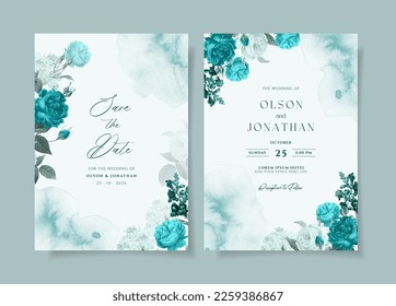 Watercolor floral wedding invitation template set with teal roses and leaves decoration