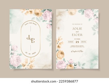 Watercolor floral wedding invitation template set with dusty orange and pink roses and leaves decoration