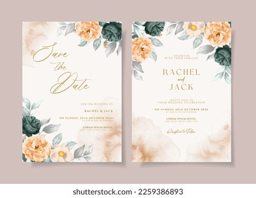 Watercolor floral wedding invitation template set with emerald and green roses and leaves decoration