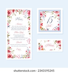 Watercolor floral wedding menu, table and escort cards with vintage flowers illustration. vector template