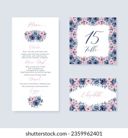Watercolor floral wedding menu, table and escort cards with navy blue and pink flowers illustration.