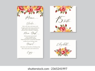 Watercolor floral wedding menu, table and escort cards with red and yellow roses flowers. vector template