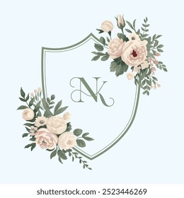 Monograma de casamento floral aquarela. Curva de aquarela com flor, folhas ilustração vetorial.