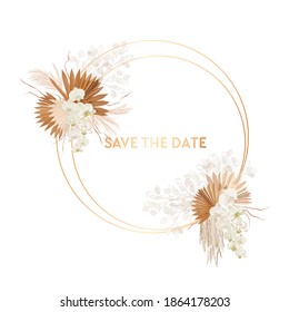 Marco vectorial de boda floral acuarela. Pampas hierba, flores de orquídea, hojas de palma secas plantilla de borde para la ceremonia de matrimonio, carta de invitación mínima, pancarta decorativa de verano boho