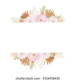 Watercolor Floral Wedding Vector Frame. Pampas Grass, Dahlia Flowers, Dry Palm Leaves Border Template For Marriage Ceremony, Minimal Invitation Card, Decorative Boho Summer Banner