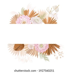Watercolor floral wedding vector frame. Pampas grass, dalia flowers, dry palm leaves border template for marriage ceremony, minimal invitation card, decorative boho summer banner