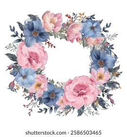 Watercolor floral wreath, adorned with pink and blue flowers, and green leaves.