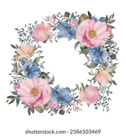 Watercolor floral wreath, adorned with pink and blue flowers, and green leaves.