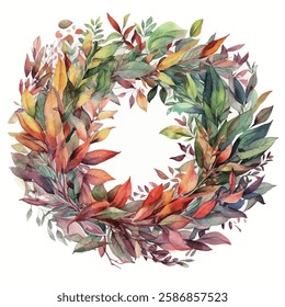 Watercolor floral wreath, adorned with pink and blue flowers, and green leaves.