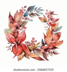 Watercolor floral wreath, adorned with pink and blue flowers, and green leaves.