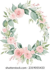 Watercolor floral wreath bouquet with green leaves, pink peach blush flowers and branches, for wedding stationary, wallpapers, fashion. Eucalyptus, olive, green leaves, rose.