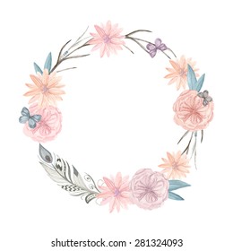 Watercolor floral wreath. It can be used for greeting cards, posters, wedding cards. Painted hands round frame of flowers, twigs, feathers and butterflies rustic