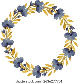 Watercolor Floral Wreath, Circle Frame with Blue Flowers and Golden Leaves