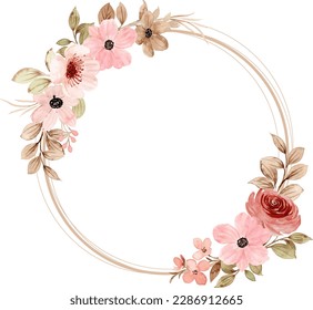 Watercolor floral wreath with circles for wedding, birthday, card, background, invitation, wallpaper, sticker, decoration etc.
