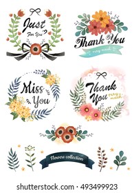 Watercolor floral wreath collection, beautiful spring flowers illustration with greeting words in hand drawn style, watercolor elements for cards, poster