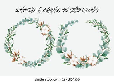 Watercolor Floral Wreath With Cotton Flower And Eucalyptus Leaves