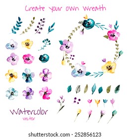 Watercolor floral wreath creator. Set of hand drawn  plants, berries, leaves and flowers for design various combinations. You can create your own compositions using elements. 