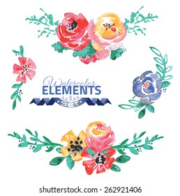 Watercolor floral wreath creator. Set of hand drawn  plants, berries, leaves and flowers for design various combinations. You can create your own compositions using elements.