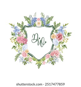 Watercolor floral wreath design with the initials DW in elegant script font, pastel-colored flowers such as roses, hydrangeas, peonies and greenery.