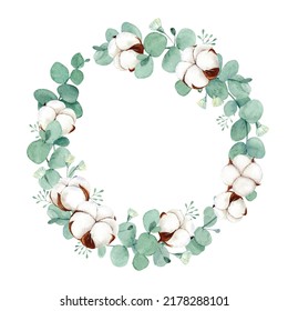 Watercolor Floral Wreath with Dried Cotton Flower and Eucalyptus Leaves