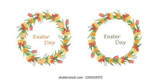 Watercolor floral wreath with easter elements and flowers. Spring round frame, template for your design