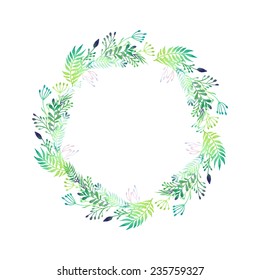 Watercolor floral wreath. Natural frame isolated on white background. Artistic vector illustration.