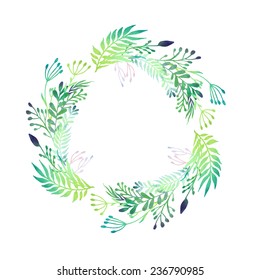 Watercolor floral wreath. Natural frame isolated on white background. Artistic vector illustration.