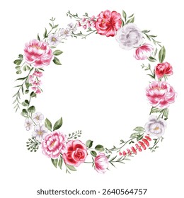 Watercolor Floral Wreath: Pink, Red and White Roses with Greenery