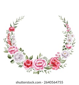 Watercolor Floral Wreath: Pink, White, and Red Roses with Greenery