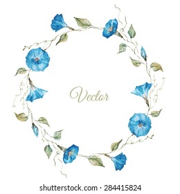 watercolor floral wreath, summer flowers blue morning glory