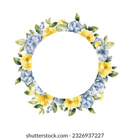 Watercolor floral wreath of yellow peony flowers. Template for invitation,card, save the date, postcard, banner, poster, mothers day, women day, birthday, bridal shower, newborn card. Vector