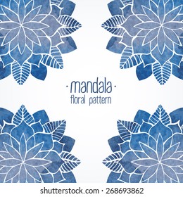 Watercolor flower abstract patterns. Blue flowers on white background, decorative elements, frame, border. Vector background in oriental indian asian style