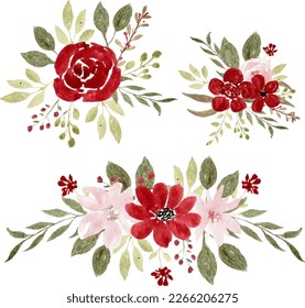 Watercolor Flower Arrangement Bouquet. Pink Red Watercolor Flower Arrangement.