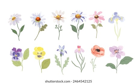 Elemento de Vector de tríptico de arte floral con flores silvestres y pintura de mano de hoja. Ilustración botánica estilo minimalista.