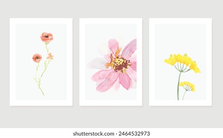 watercolor Flower art triptych wall art vector. Abstract art background with  colored Floral Bouquets, Wildflower and leaf hand paint