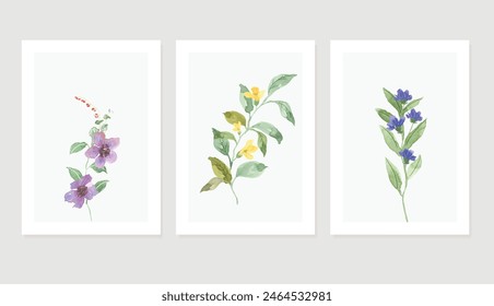 watercolor Flower art triptych wall art vector. Abstract art background with  colored Floral Bouquets, Wildflower and leaf hand paint