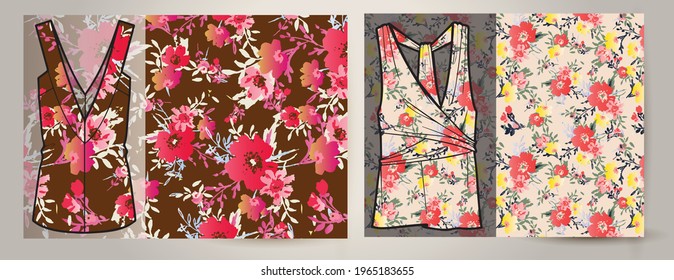 Watercolor Flower background  on women's top mockup.  Liberty style. Floral seamless background for fashion prints. Ditsy print. Seamless vector texture. 