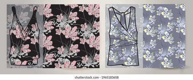 Watercolor Flower background  on women's top mockup.  Liberty style. Floral seamless background for fashion prints. Ditsy print. Seamless vector texture. 