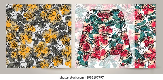 Watercolor Flower Background On Women's Top Mockup.  Liberty Style. Fabric, Covers, Manufacturing, Wallpapers, Print, Gift Wrap.