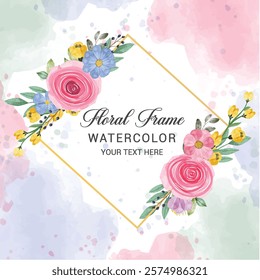 Watercolor Flower Background with Text Space. Vector Illustration. Watercolor Floral Frame. Flower Decorative Frame with Leaves.