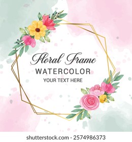 Watercolor Flower Background with Text Space. Vector Illustration. Watercolor Floral Frame. Flower Decorative Frame with Leaves.