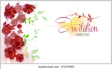 Watercolor flower banner, red flower and green leavs, vector