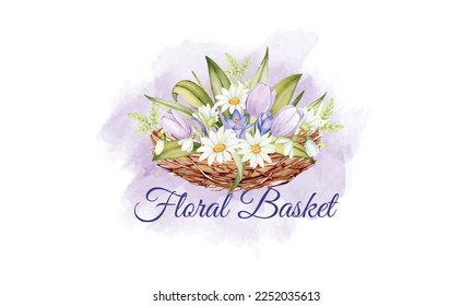 watercolor flower basket royalty, flower basket logo watercolor, flower basket