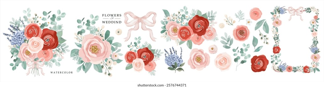 Watercolor flower, bouquet and flower arrangement for wedding invitation. Vector watercolor pastel floral illustrations of flowers, eucalyptus, peony, rose, bow, hydrangea, frame