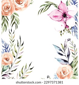 A watercolor flower bouquet frame with a green leaf wedding invitation art style