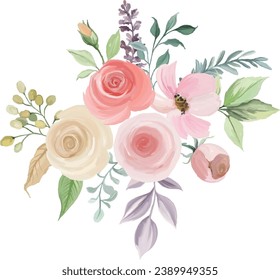Watercolor flower bouquet, roses and green leaves, wedding or greeting card design
