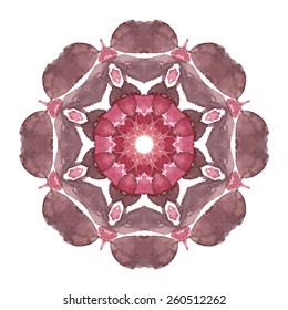 Watercolor Flower Cherry Blossom Mandala. Lace circular ornament on white background.  Oriental Geometric circle element. Vector illustration. 