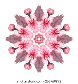 Watercolor Flower Cherry Blossom Mandala. Lace circular ornament on white background. Oriental Geometric circle element. Vector illustration.